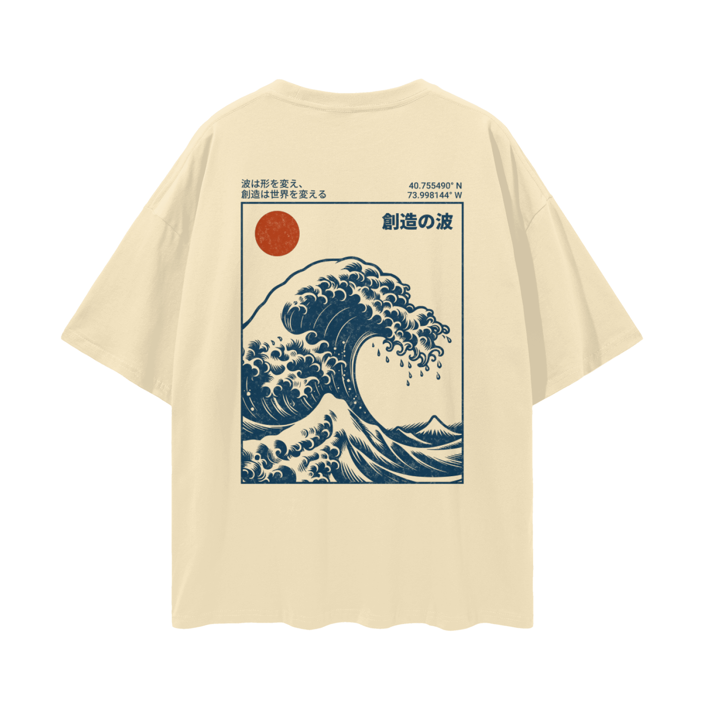 Back view of RIOT Wave of Creation loose drop shoulder tee in Light Apricot featuring Hokusai-inspired wave, red sun, and Japanese text ‘Wave of Creation.’