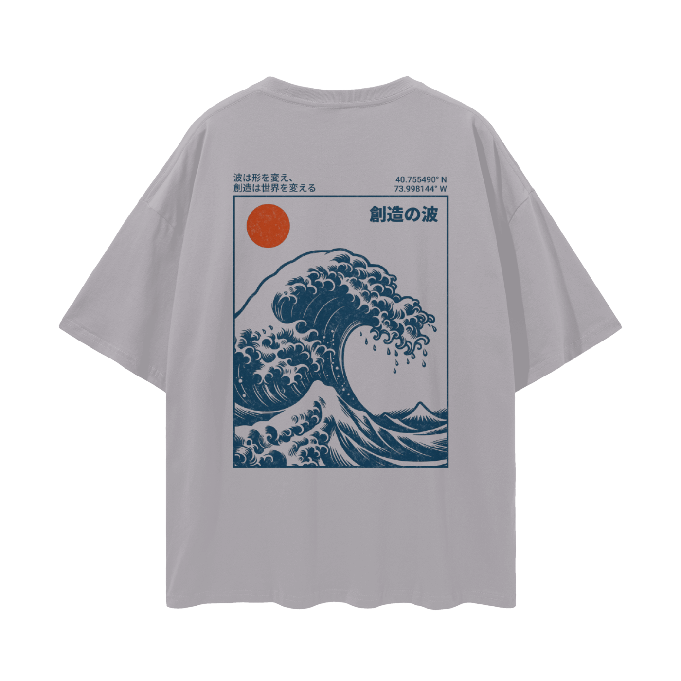 Back view of RIOT Wave of Creation loose drop shoulder tee in Light Gray featuring Hokusai-inspired wave, red sun, and Japanese text ‘Wave of Creation.’