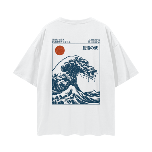 Back view of RIOT Wave of Creation loose drop shoulder tee in Lucent White featuring Hokusai-inspired wave, red sun, and Japanese text ‘Wave of Creation.’