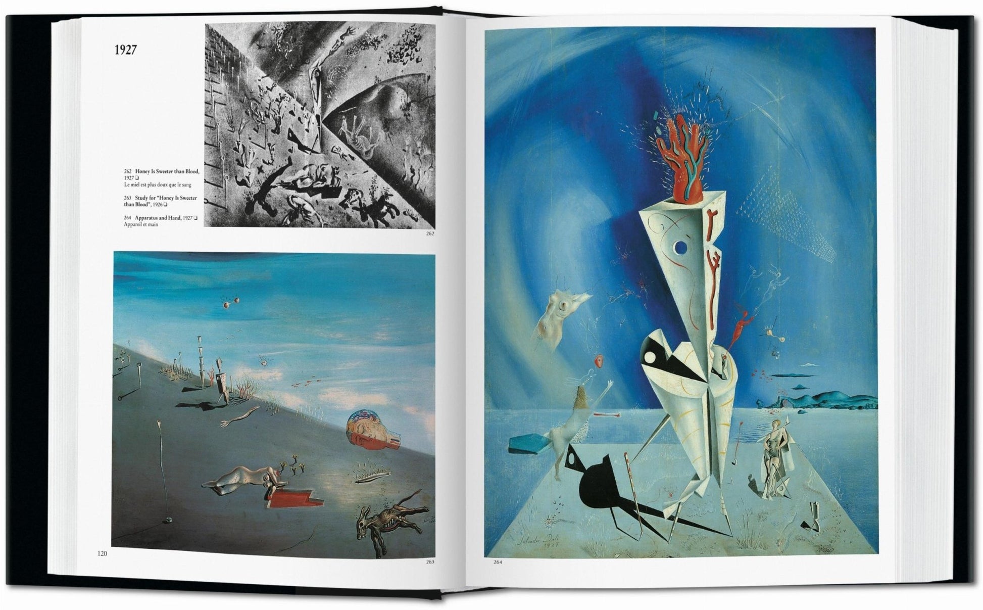 Interior spread from the Salvador Dalí TASCHEN book showing Apparatus and Hand and Honey Is Sweeter Than Blood, two early Surrealist paintings from 1927