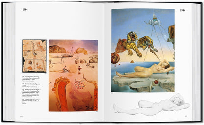 Interior spread from the Salvador Dalí TASCHEN book showing studies and sketches for Dream Caused by the Flight of a Bee Around a Pomegranate a Second Before Awakening