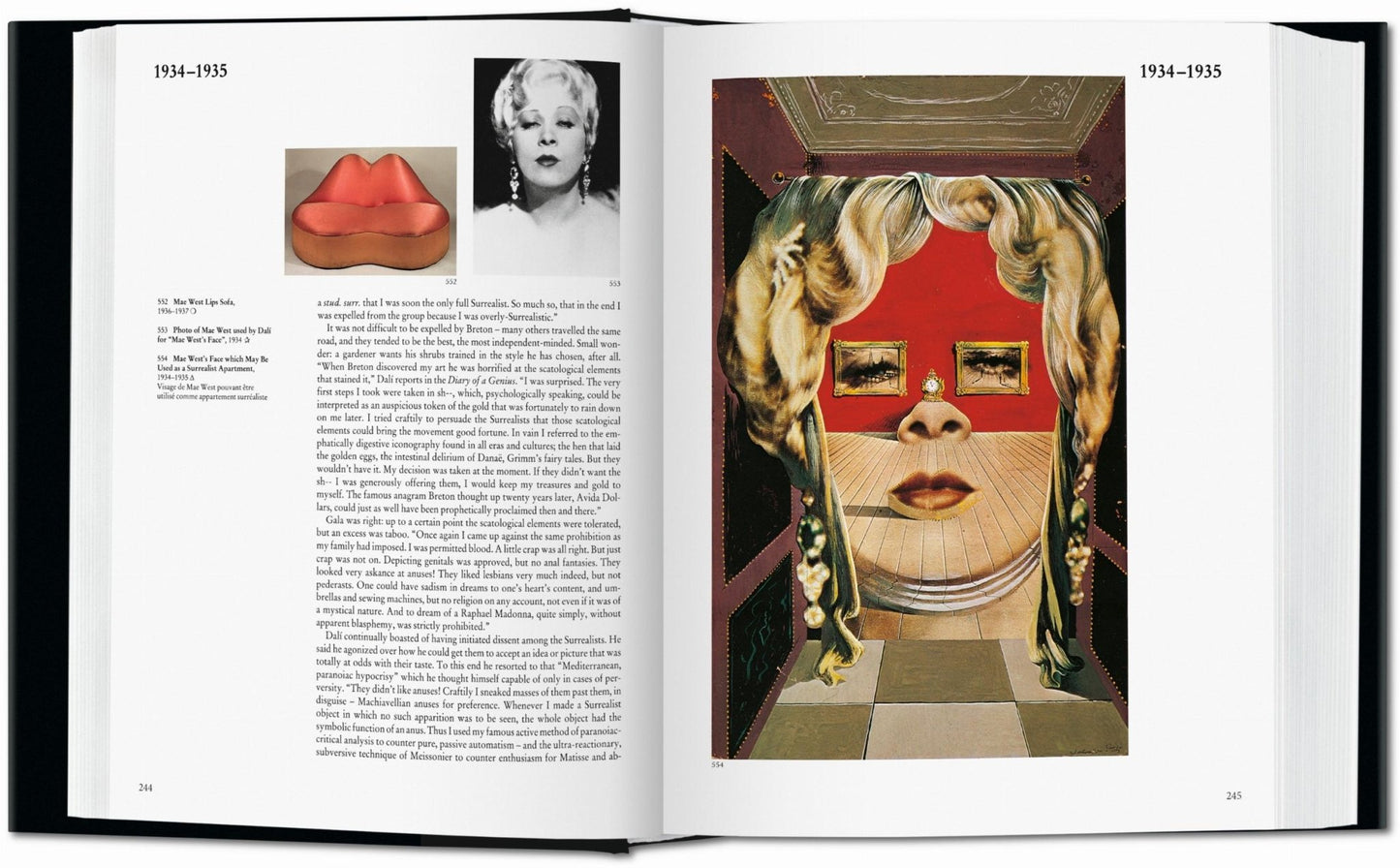 Interior spread from the Salvador Dalí TASCHEN book showing Mae West Lips Sofa, a portrait of Mae West, and The Face of Mae West Which May Be Used as a Surrealist Apartment