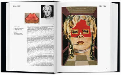 Interior spread from the Salvador Dalí TASCHEN book showing Mae West Lips Sofa, a portrait of Mae West, and The Face of Mae West Which May Be Used as a Surrealist Apartment