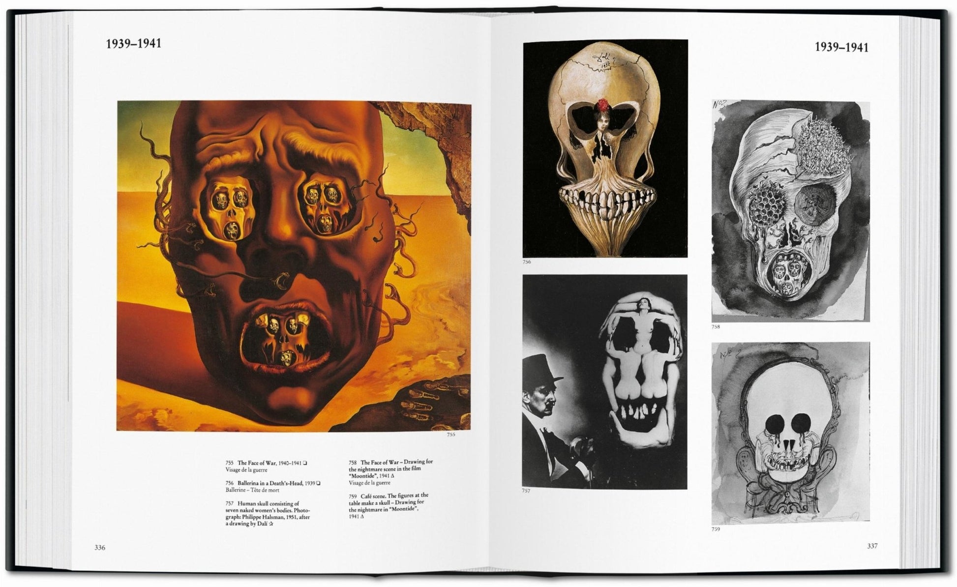 Interior spread from the Salvador Dalí TASCHEN book featuring The Face of War alongside related skull studies and Surrealist war imagery
