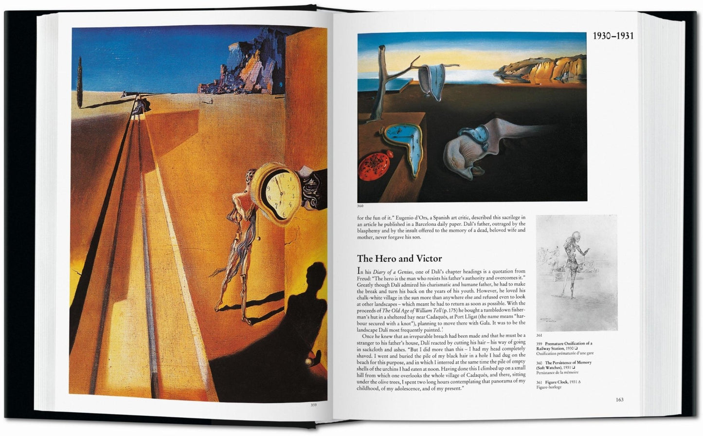 Interior spread from the Salvador Dalí TASCHEN book featuring The Persistence of Memory and a large Surrealist landscape painting with a melting clock