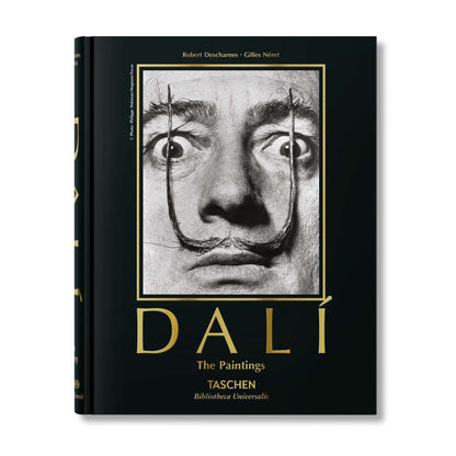 Salvador Dalí The Paintings book cover by TASCHEN featuring a black and white portrait of Dalí with his iconic mustache