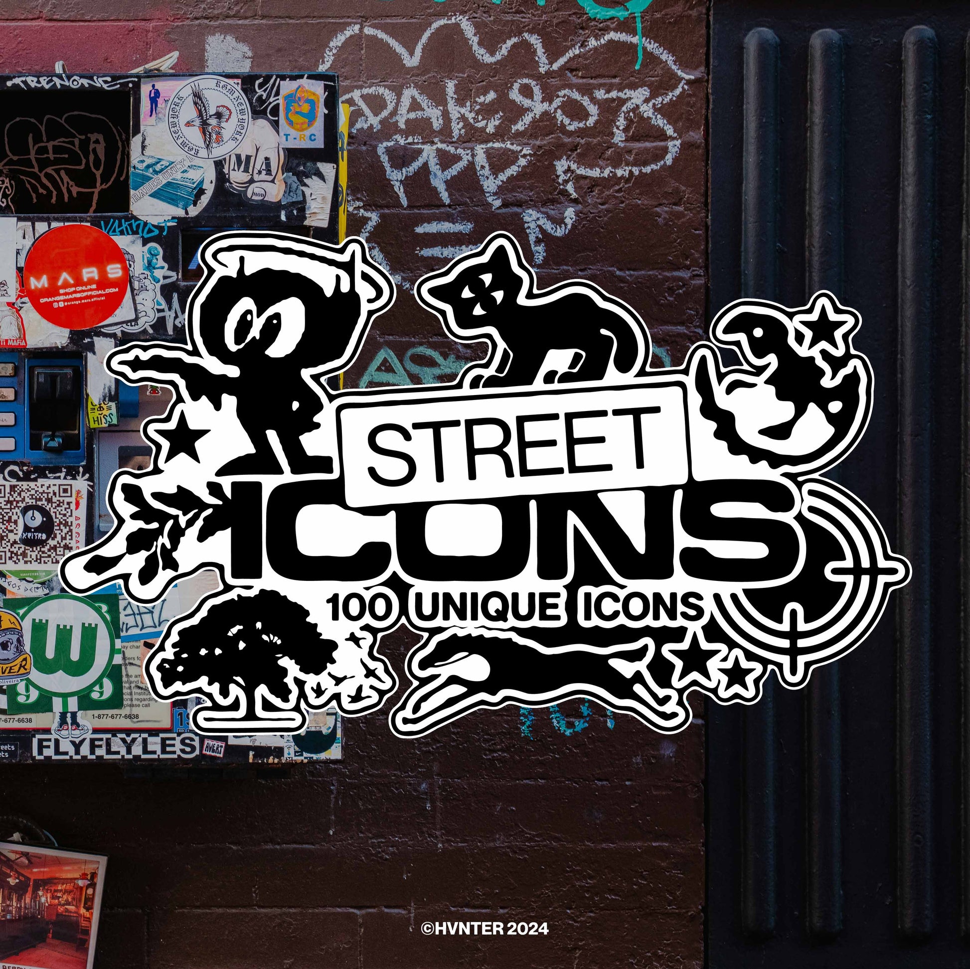 Street Icons graffiti-inspired vector icon pack displayed on Lower East Side style brick wall