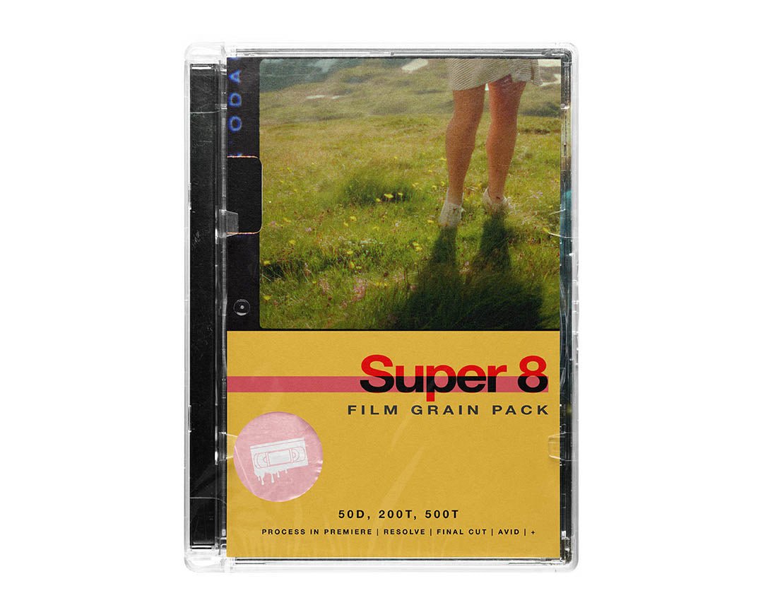 Super 8 film grain pack product artwork featuring authentic analog film grain overlays and textures
