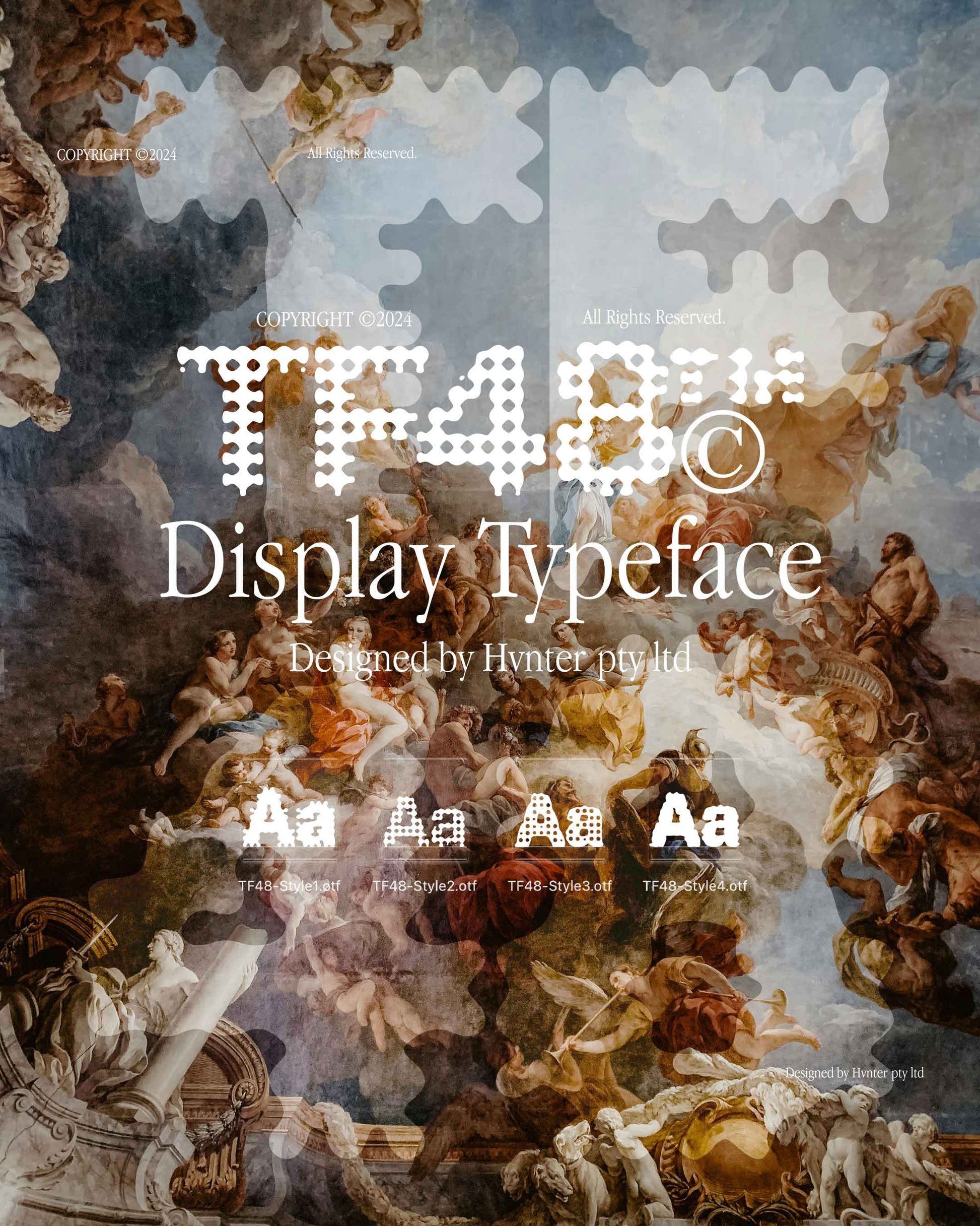 TF48 Display Typeface title graphic featuring pixelated serif design by HVNTER.