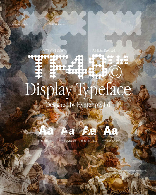 TF48 Display Typeface title graphic featuring pixelated serif design by HVNTER.