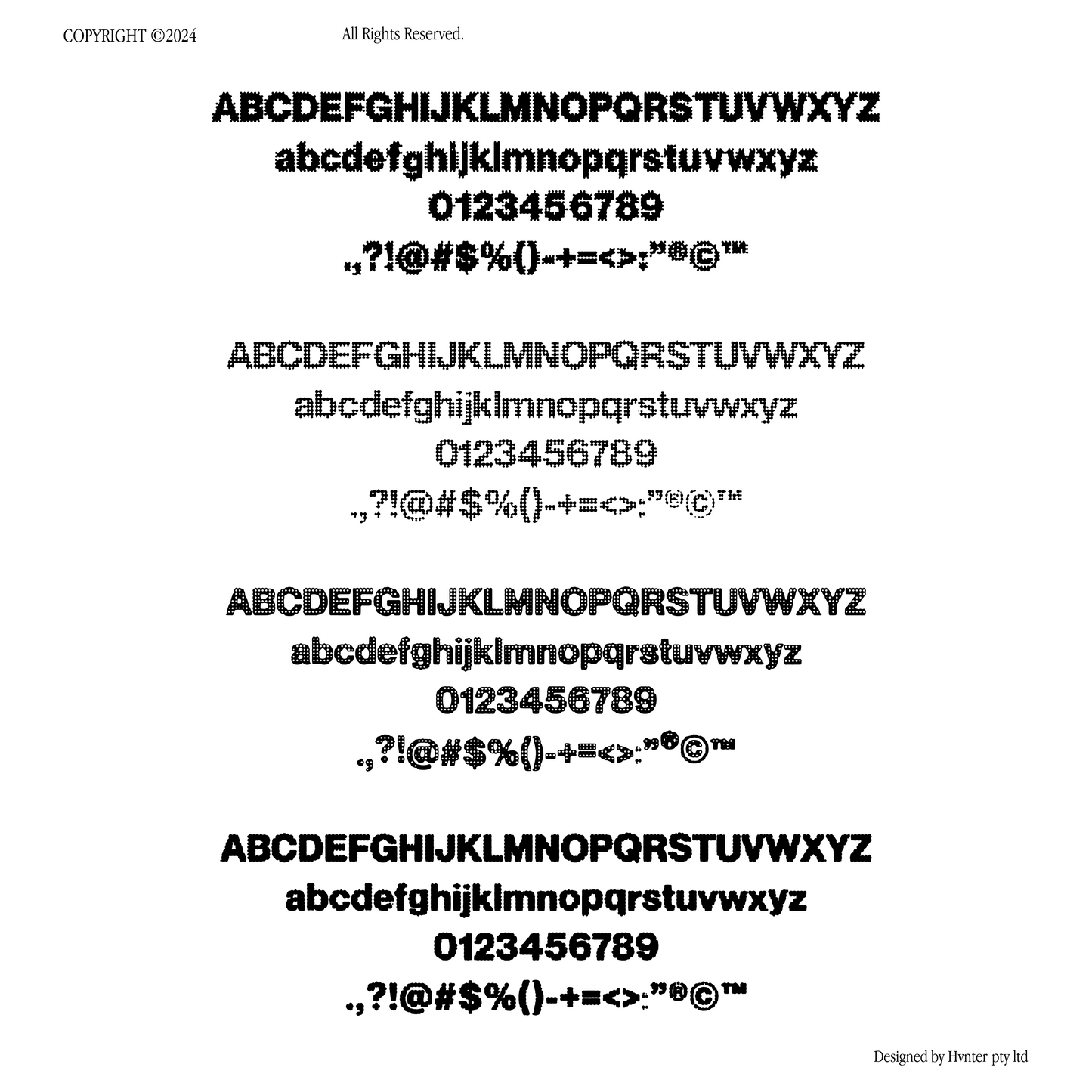 Complete character set of TF48 typeface by HVNTER in pixelated serif styles.