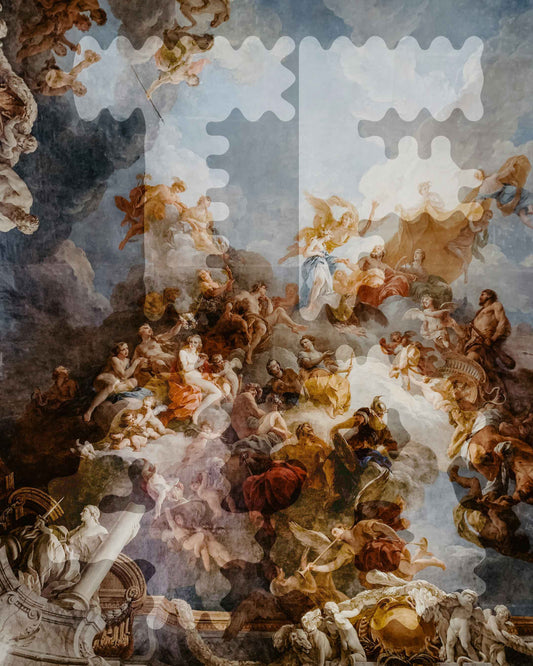 TF48 Typeface by HVNTER showcasing pixelated serif design over classical painting. Art by MUG5.