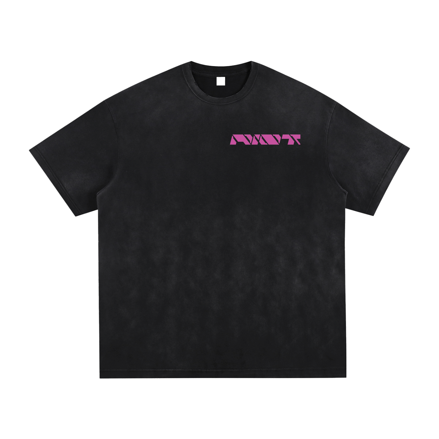 Front of black washed oversized t-shirt with pink futuristic RIOT logo on the chest