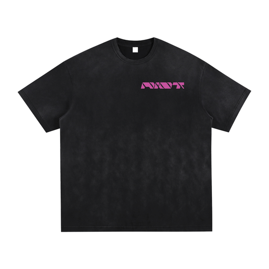 Front of black washed oversized t-shirt with pink futuristic RIOT logo on the chest