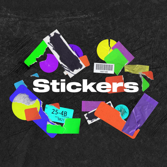 Chaotic collage of vibrant vandal_ stickers by secret-cache featuring scribbles, torn labels, barcodes, and neon colors.