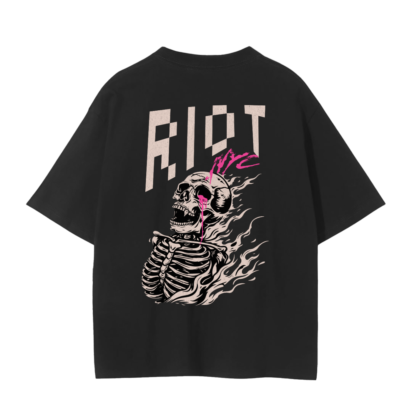 Black seamless tee back with FLAMEBORN artwork: flaming skeleton head with neon pink tear, RIOT block lettering, and NYC tag.