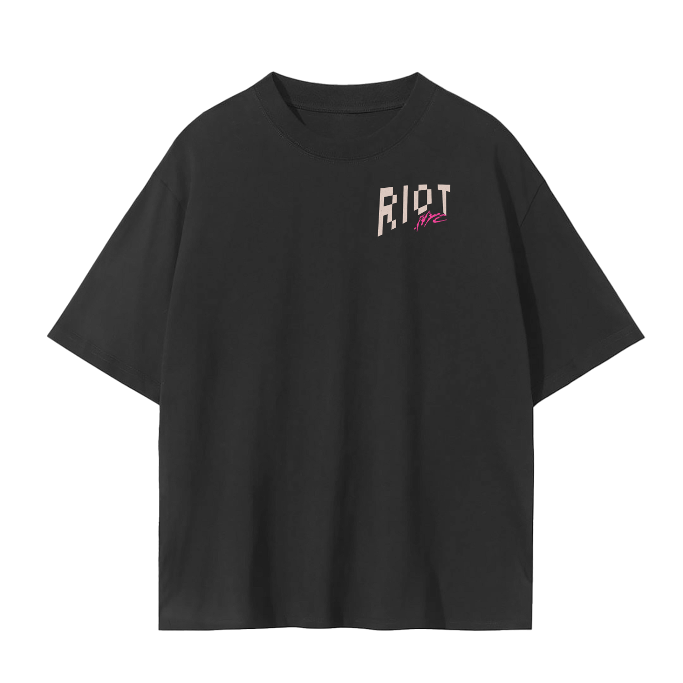 Black seamless tee front with small RIOT block lettering and neon NYC tag on chest.