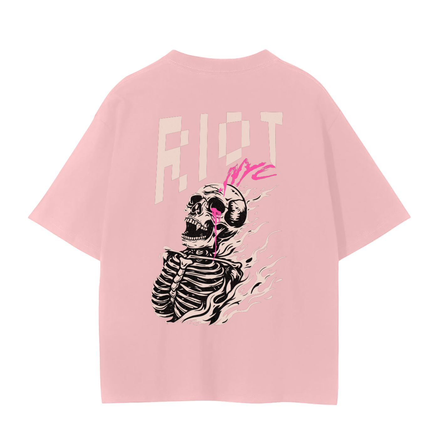 Blossom Pink tee back with FLAMEBORN artwork — flaming skeleton skull, pink tear, RIOT lettering, NYC tag.