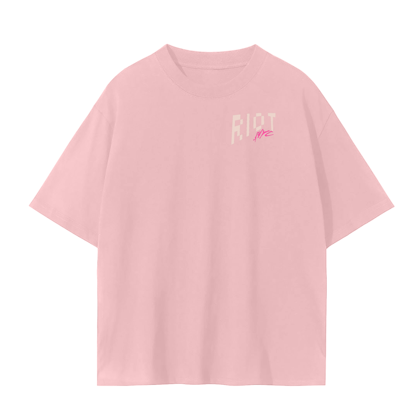 Blossom Pink tee front with small RIOT + neon NYC chest logo.