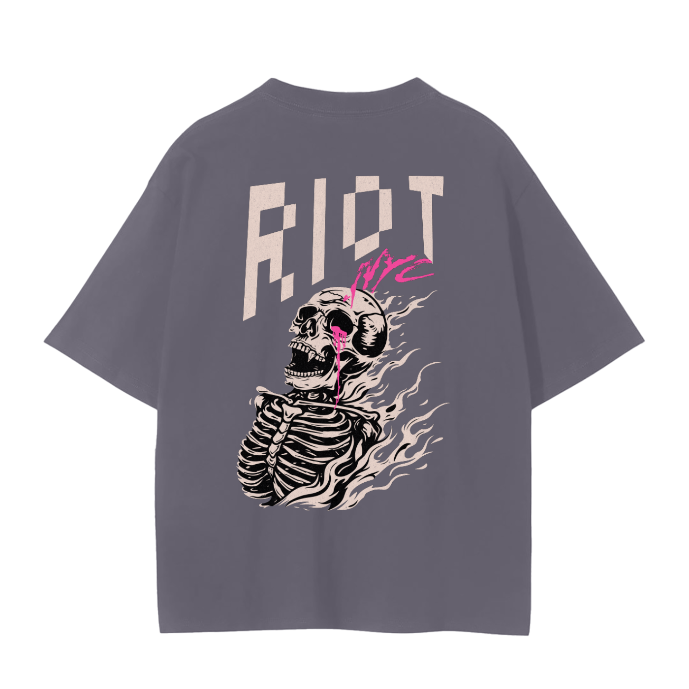 Washed grey tee back with flaming skeleton skull artwork, pink tear, RIOT block lettering, neon NYC tag.