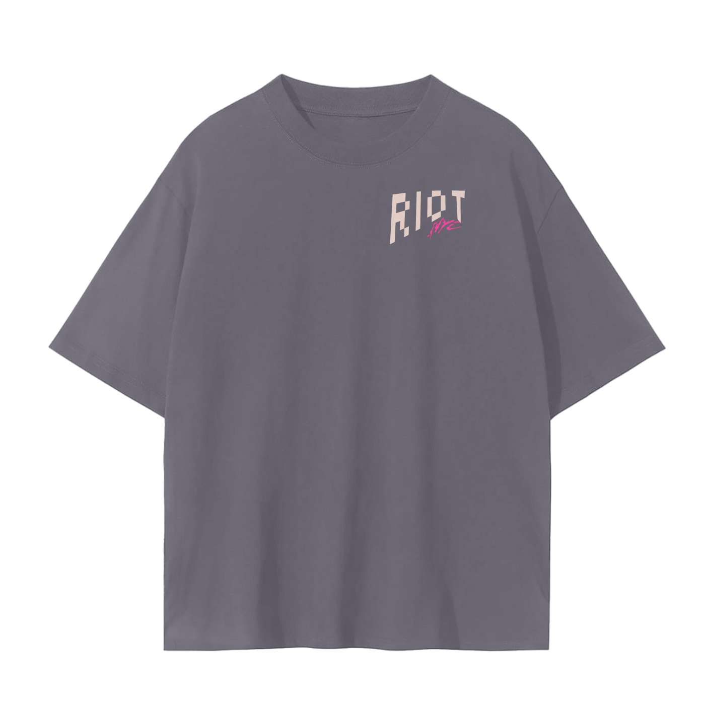 Washed grey tee front with small RIOT + neon NYC chest logo.