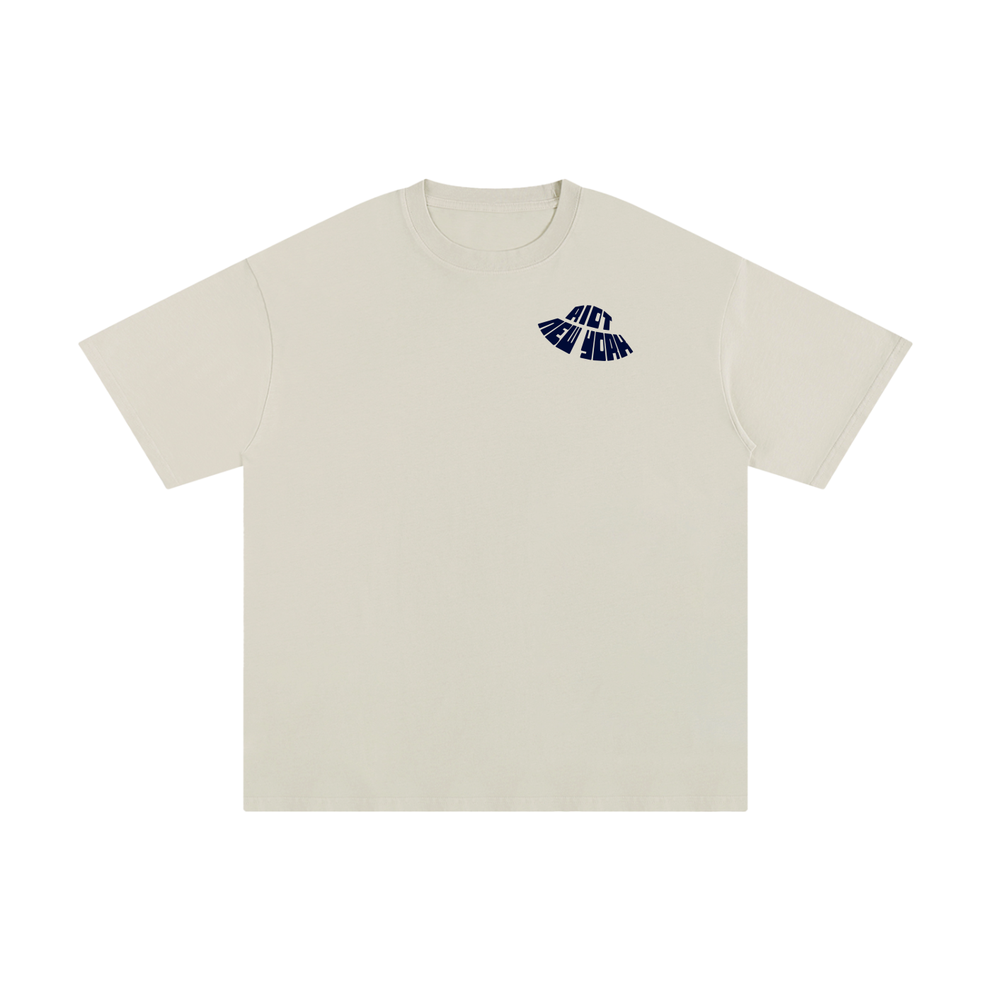 Sandstone beige tee front with small warped RIOT NEW YORK chest logo.