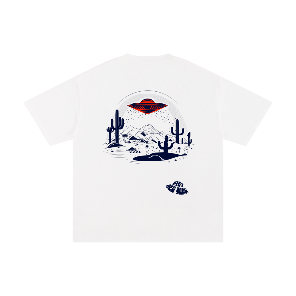 White tee back with desert UFO graphic, red saucer, navy cactus silhouettes.