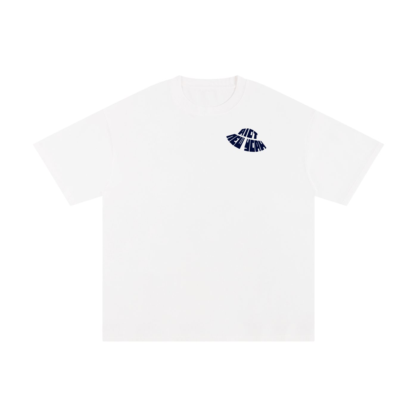 White tee front with small warped RIOT NEW YORK logo at left chest.