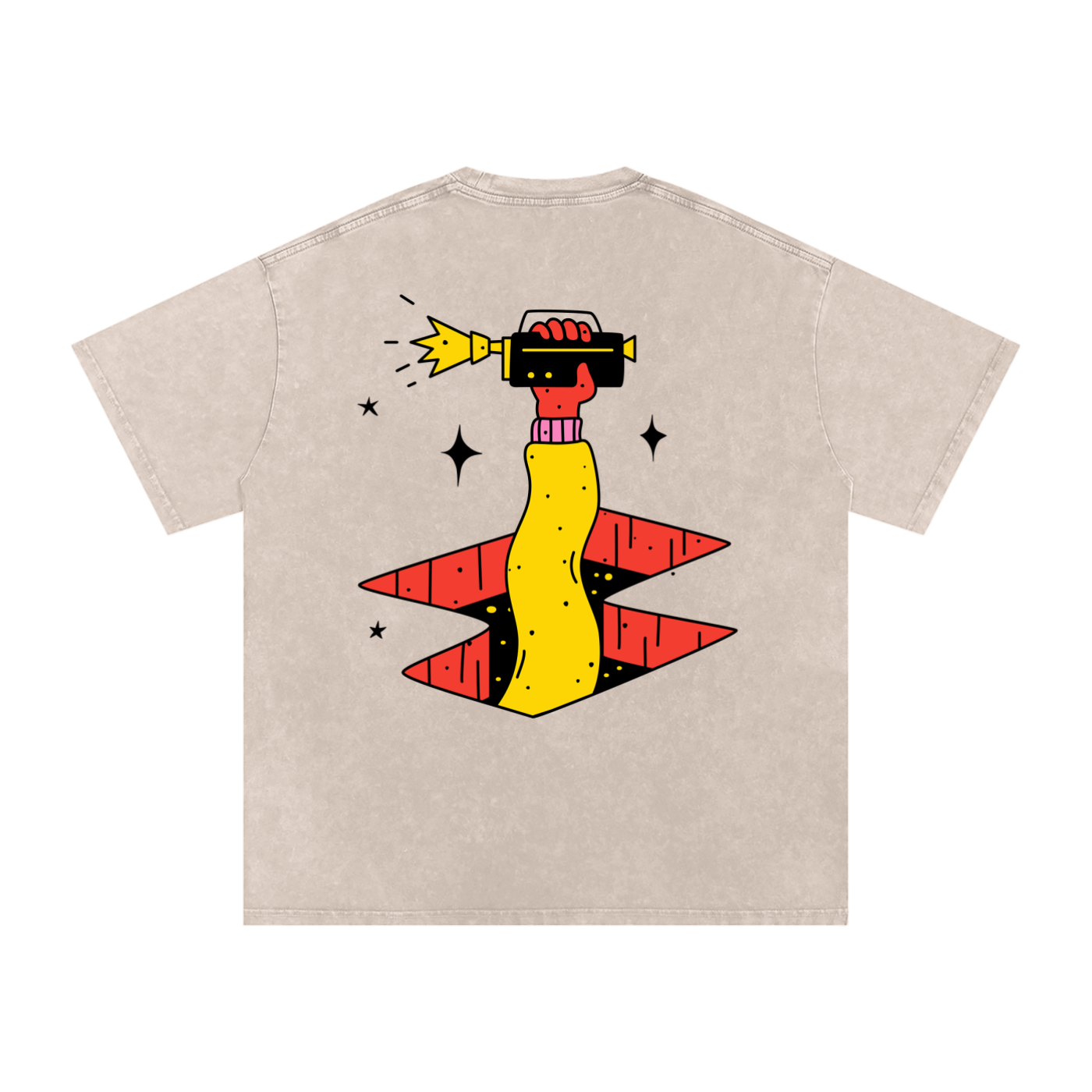 Apricot boxy tee back with red hand holding a flashlight emerging from a zig‑zag breach, with black star and sparkle accents.