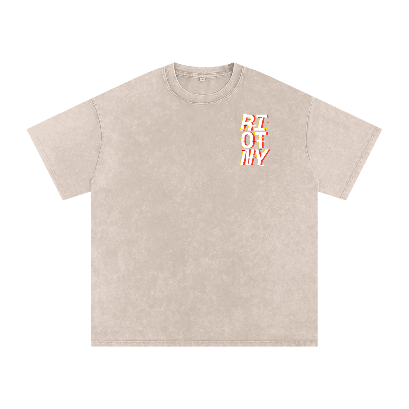 Apricot boxy tee front with stacked glitched ‘RIOT NY’ left‑chest mark.