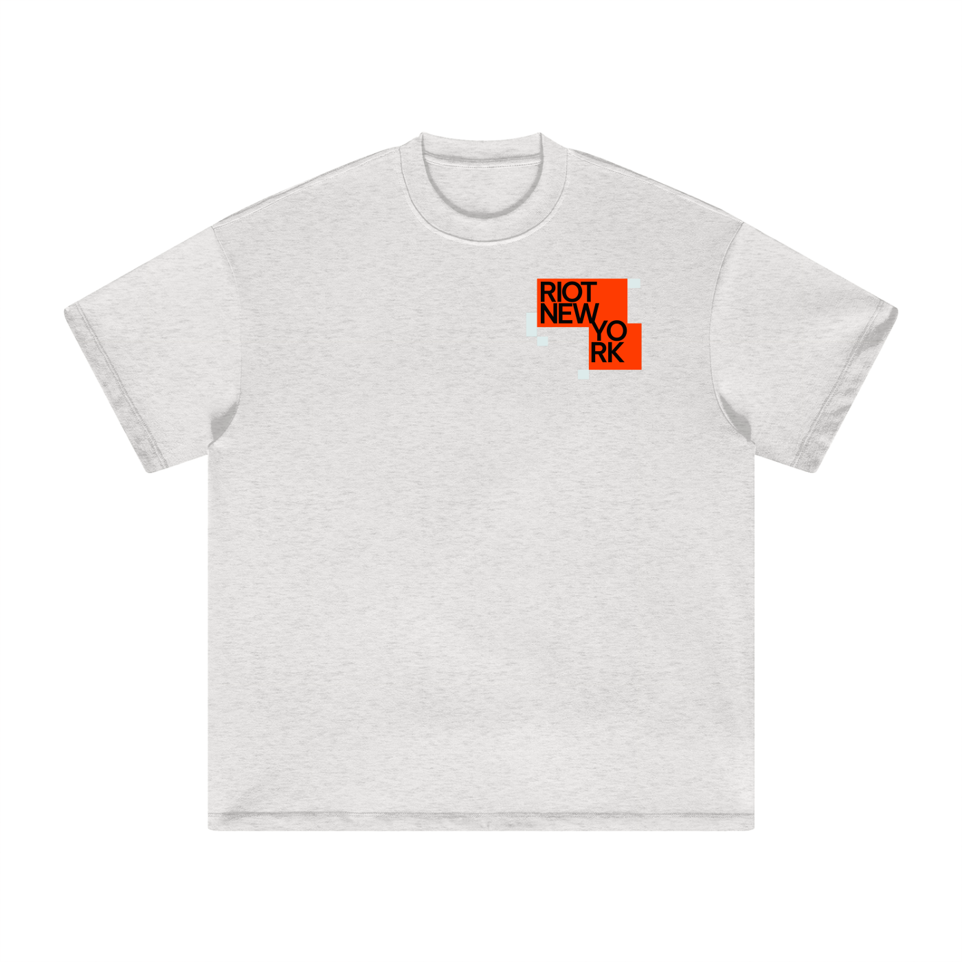 Light gray tee front with stacked orange ‘RIOT NEW YORK’ tiles and small glitch squares.
