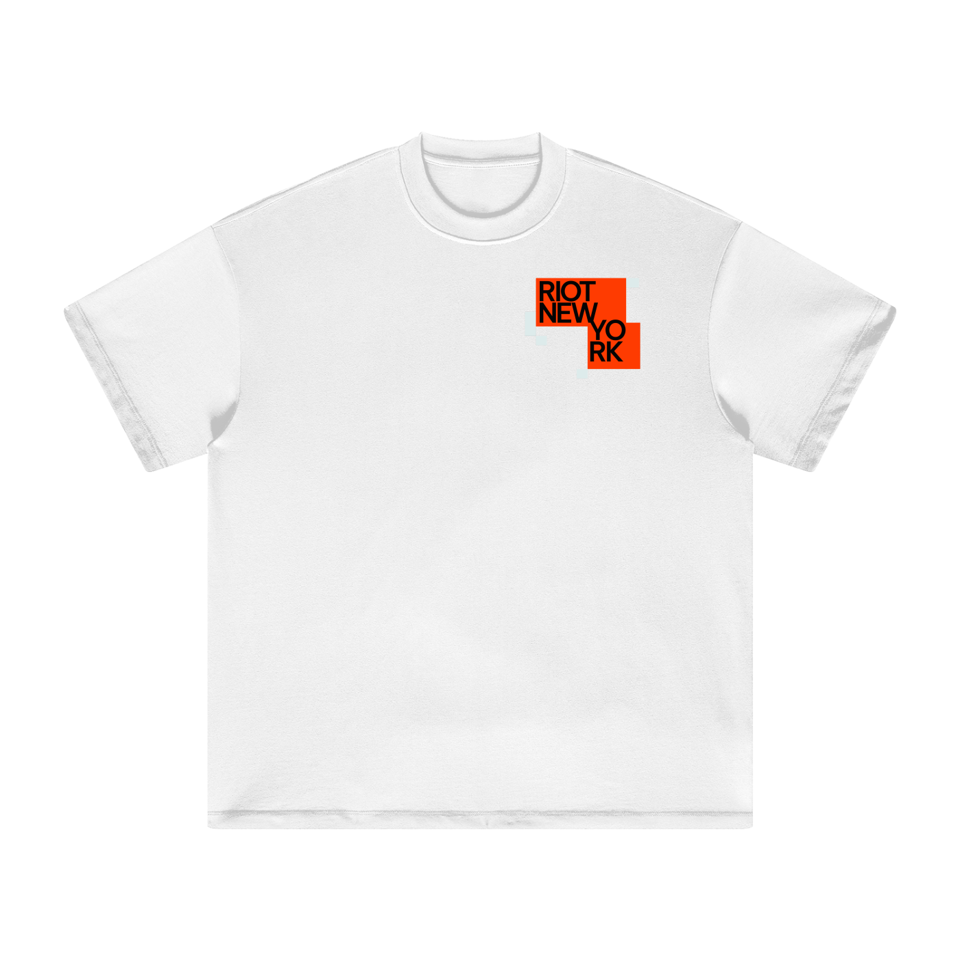 White tee front with stacked orange ‘RIOT NEW YORK’ tiles and small glitch squares.
