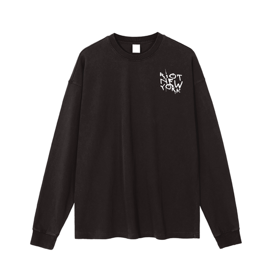 Washed black long‑sleeve front with white ‘RIOT NEW YORK’ left‑chest logo.