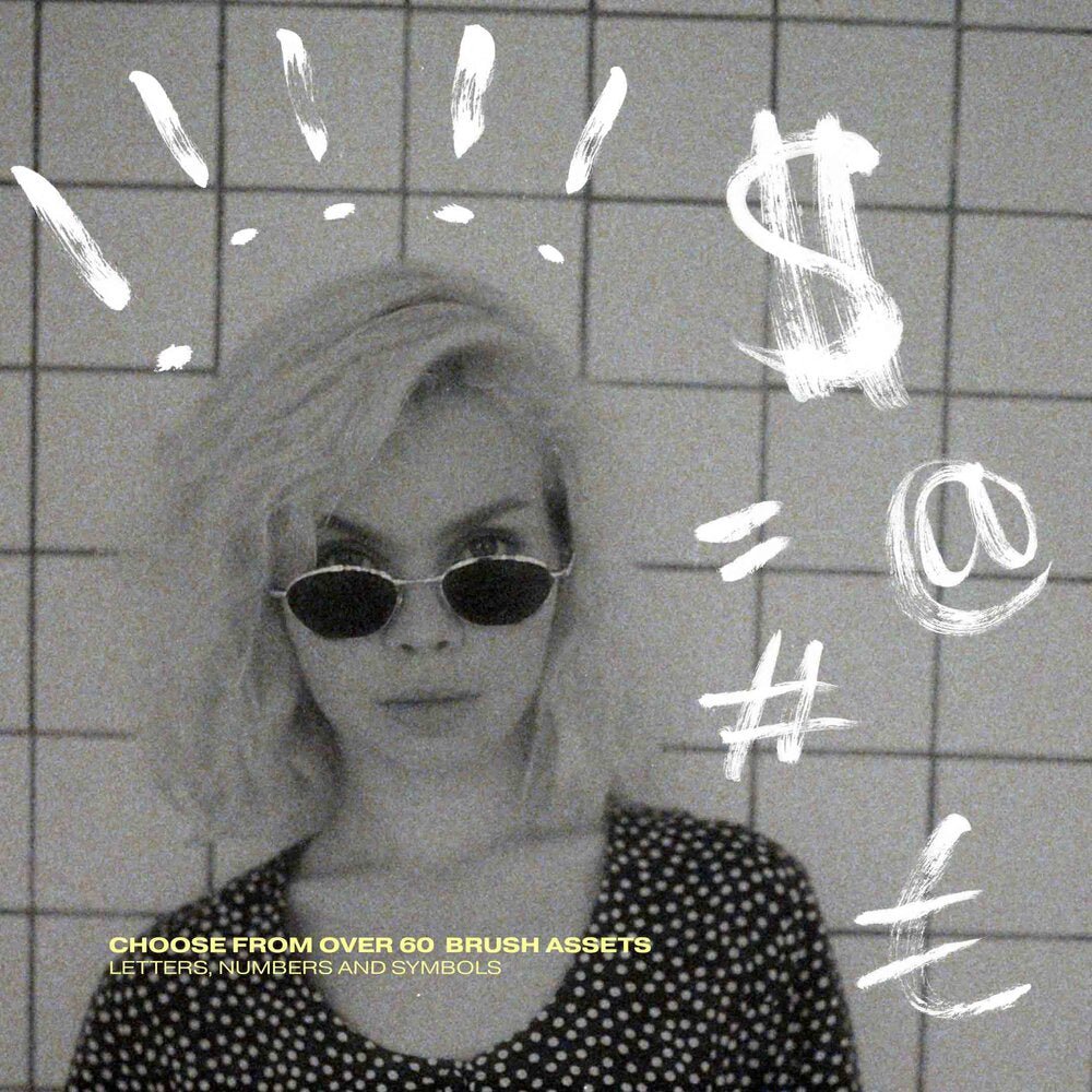 Brush animated typography pack with over 60 hand-painted letters numbers and symbols displayed over black and white portrait footage