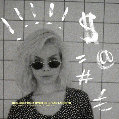 Brush animated typography pack with over 60 hand-painted letters numbers and symbols displayed over black and white portrait footage