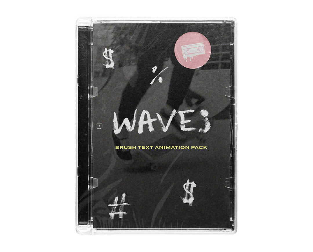 Hand-painted WAVES brush text animation pack cover with cassette case design and grunge brush lettering