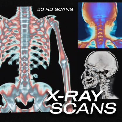X-Ray Scans promotional image featuring 50 HD scans with stylized ribcage, skull, and thermal anatomy imagery