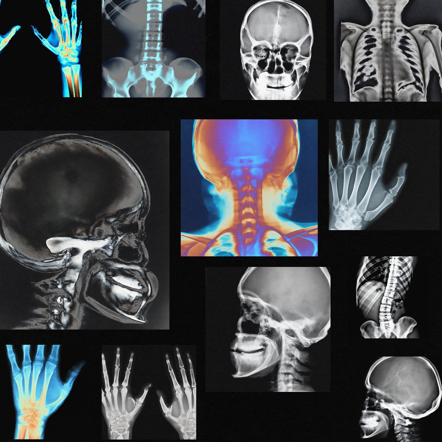 X-Ray Scans preview with skull X-rays, hand scans, spine imagery, and thermal anatomical visuals
